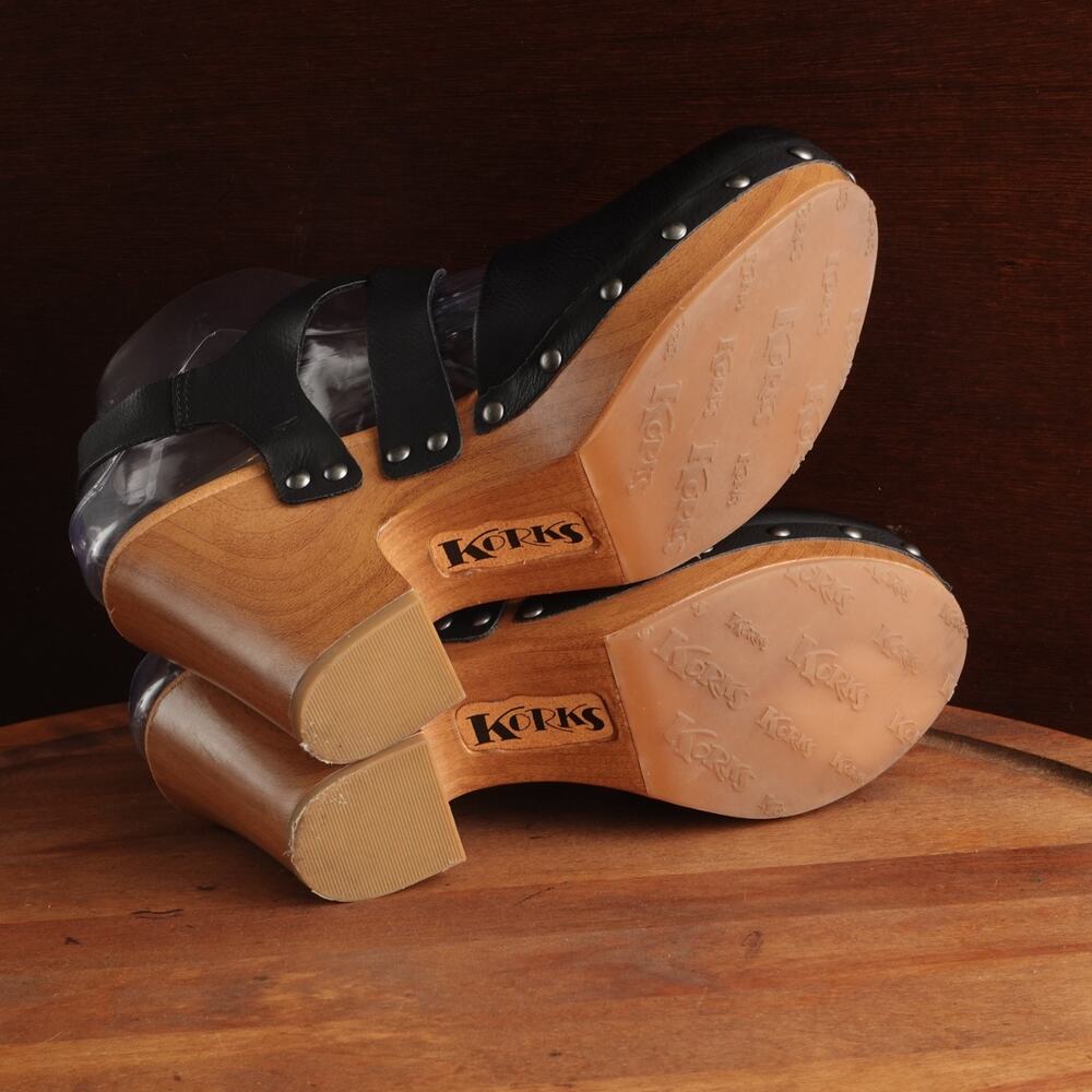 Korks Clogs WMS SZ 7M BLK Abloom Strappy Leather Platform Preppy Academia Shoes - Picture 9 of 13